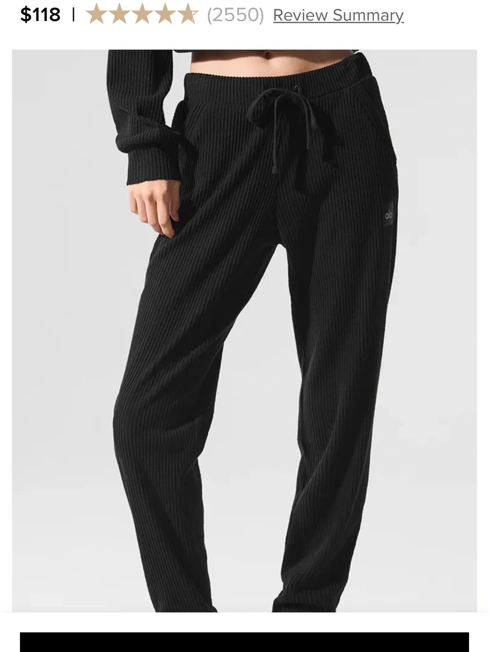 ALO Yoga Black Ribbed Drawstring Joggers